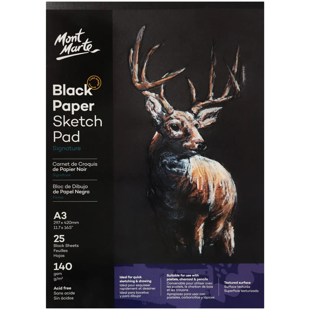 Mont Marte Signature A3 140gsm Black Paper Sketch Pad 25 Sheets