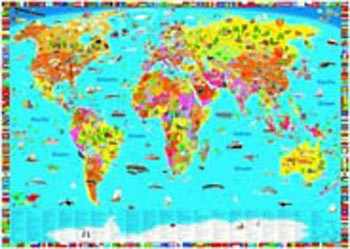 World map kids political illustrated with metalllic strips 
