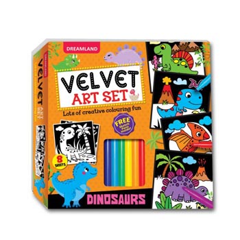 Dreamland Dinosaurs - Velvet Art Set With 10 Free Sketch Pens : Children Colouring Activity Pack Box set
