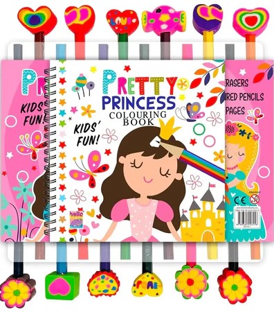 Pretty Princess Colouring Book 12 Erasers & Coloured Pencil 16 Pages 