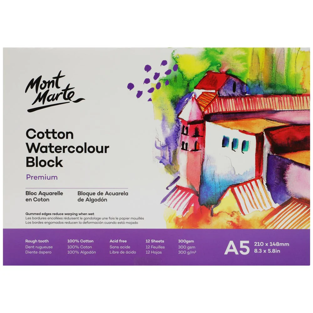 Mont Marte Premium A5 300gsm Cotton Watercolour Block - 12 Sheets