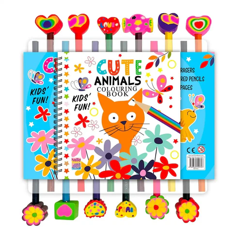 Cute Animals Colouring Book 12 Erasers and Coloured Pencils 16 Pages